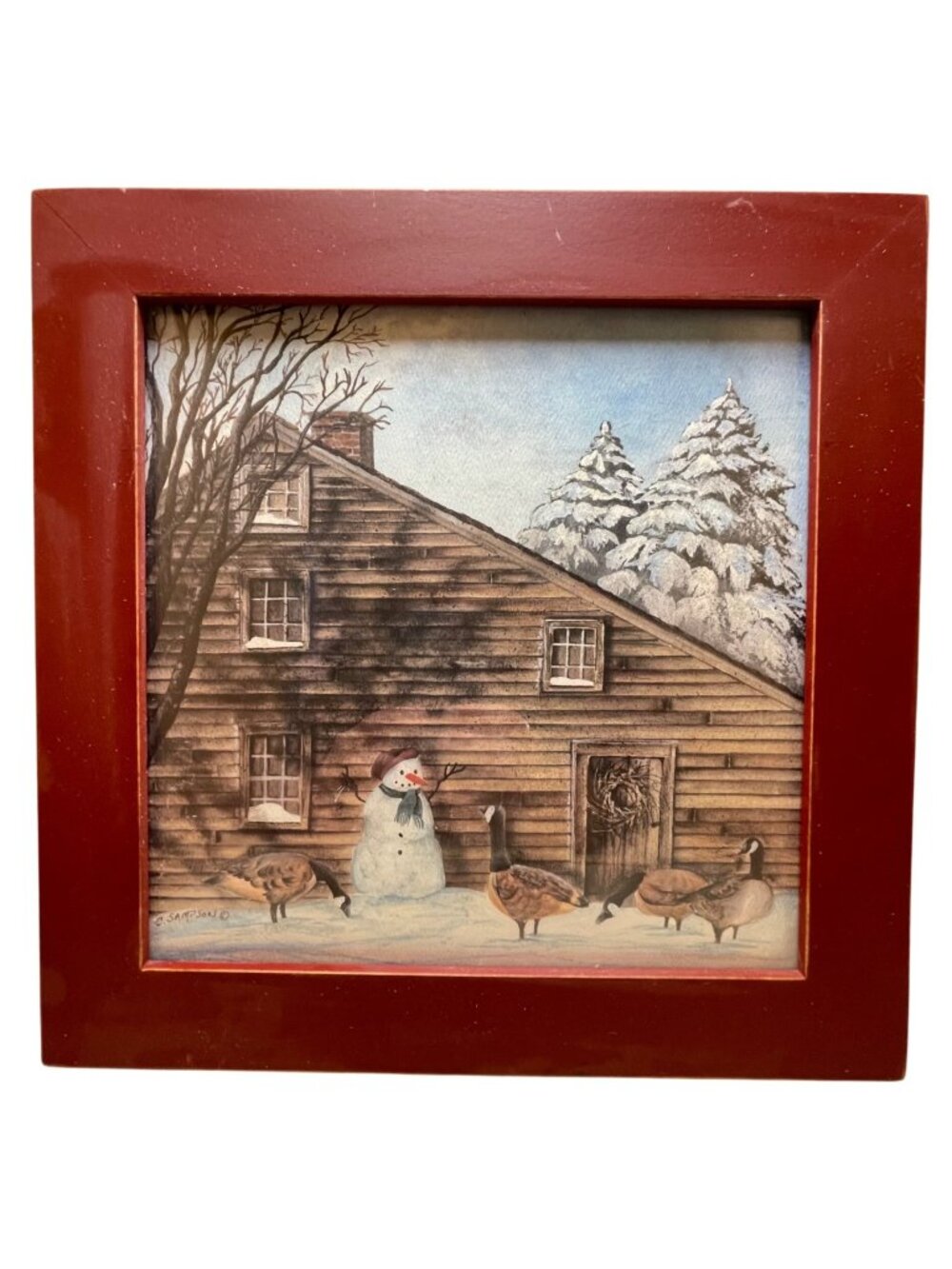 Framed Winter Scene Print by C. Sampson Featuring Snowman & Geese with Rustic Ba